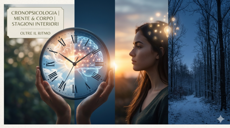 Un'immagine artistica divisa in sezioni che mostra un orologio con un cervello luminoso all'interno, il profilo di una donna al tramonto con un'idea che brilla e un bosco invernale innevato. Rappresenta la connessione tra tempo biologico, creatività e cicli stagionali.