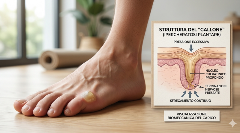 Un'immagine informativa che combina una fotografia di un piede umano con una callosità evidente su un dito e un diagramma medico dettagliato. Il diagramma mostra la struttura interna di un "gallone" (ipercheratosi), evidenziando il nucleo cheratinico profondo che preme sulle terminazioni nervose a causa della pressione eccessiva e dello sfregamento continuo.
